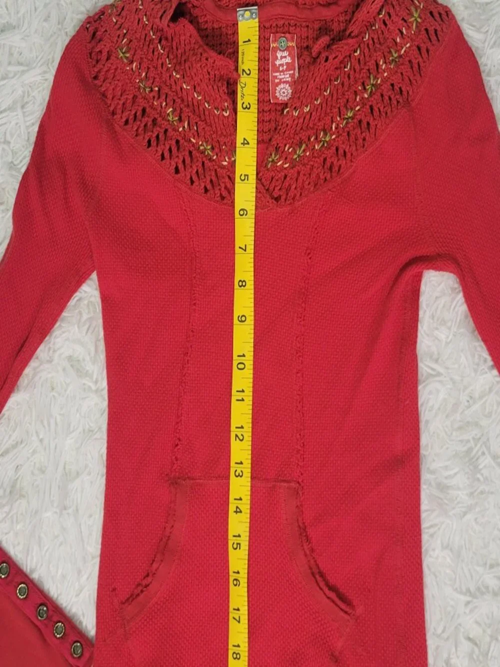 Free People Red Crochet Hood Hoodie Sweater Gold Metallic Snap Cuff Modal Size S